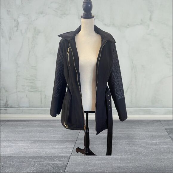 Michael Kors Black Belted Coat with Gold Hardware & Hood – Women’s Large - Picture 4 of 12